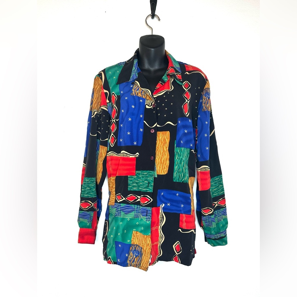 TanJay Women’s Blouse 12 Color Block Abstract Button Down Retro Vintage Funky